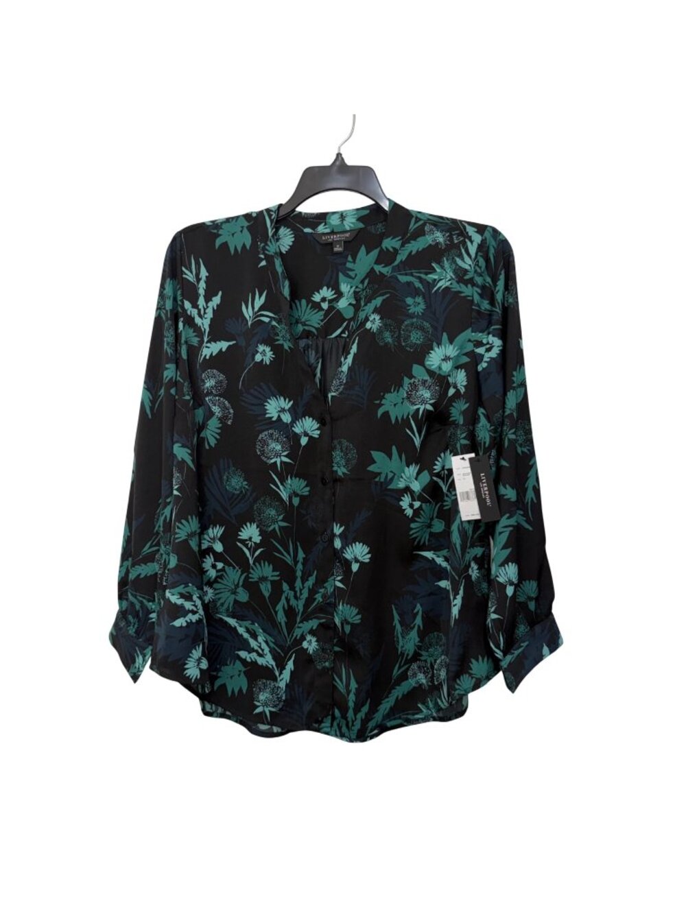 Liverpool Womens Button-Down Floral Blouse Malachite Foliage SZ 1X Black & Green